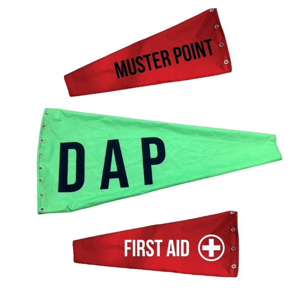 Windsocks for industrial and safety management. Meeting points, DAP, muster points, first aid 