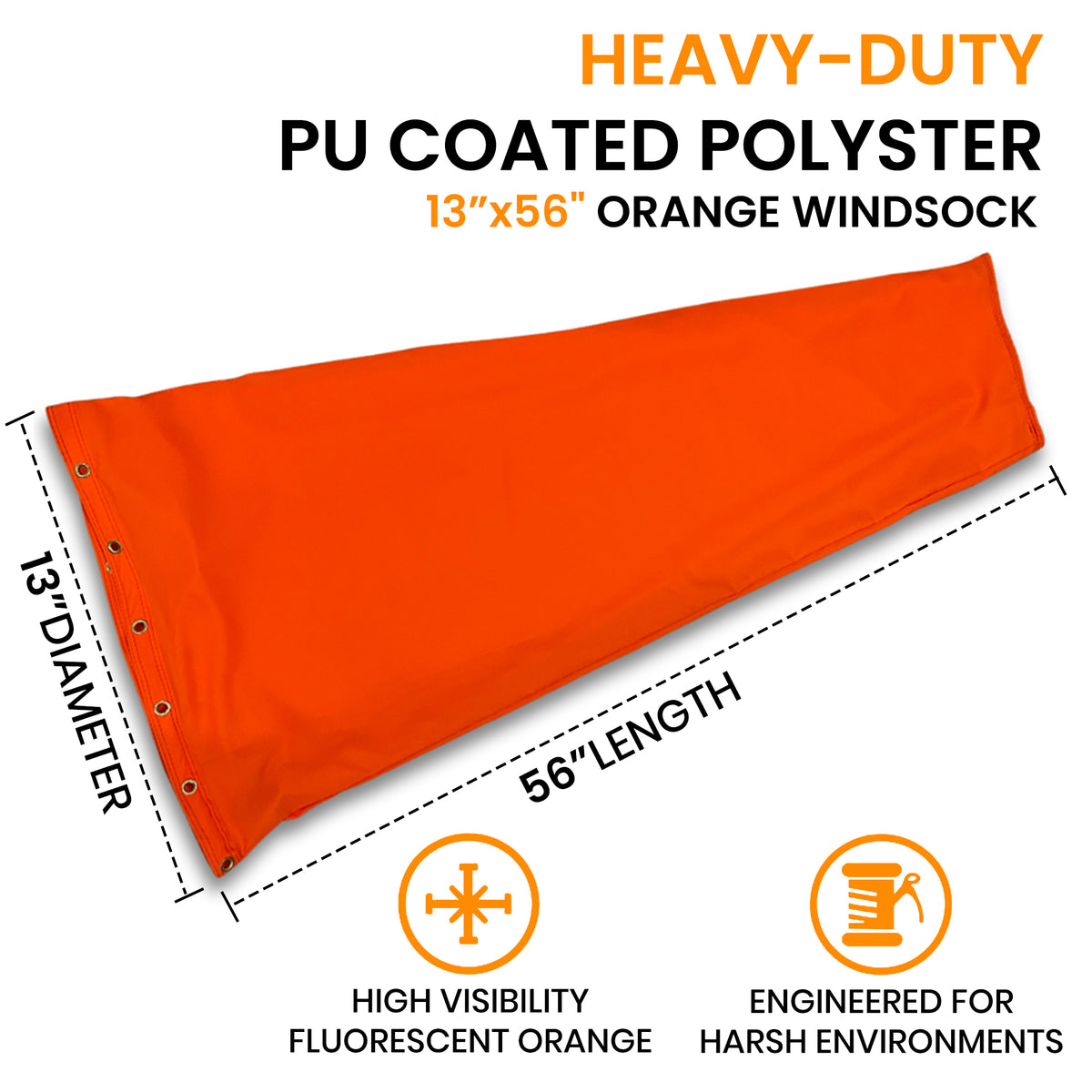 13x56 heavy duty hi-vis orange windsocks made of PU polyester -water proof- UV fade resistant- quad stitched 