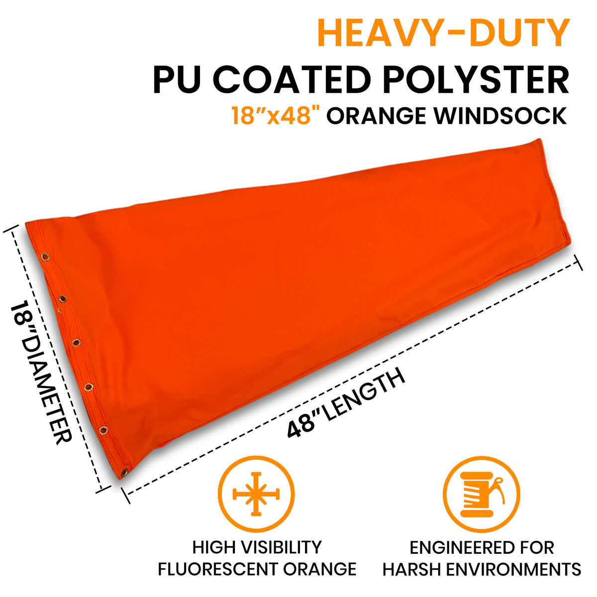 18x48 heavy duty hi-vis orange windsocks made of PU polyester -water proof- UV fade resistant- quad stitched 