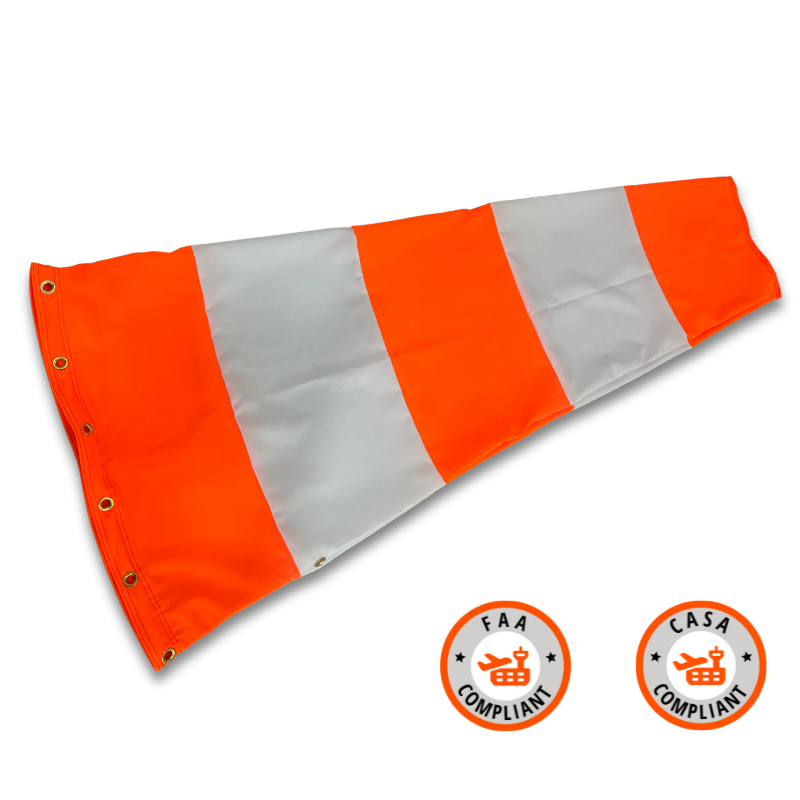 Airport orange and white windsock- FAA, CASA, CAA compliant. Heavy duty for aviation, airport and airstrip use. Waterproof and UV fade resistant. Sewn with 4 lines of stitching and heavy duty grommets 