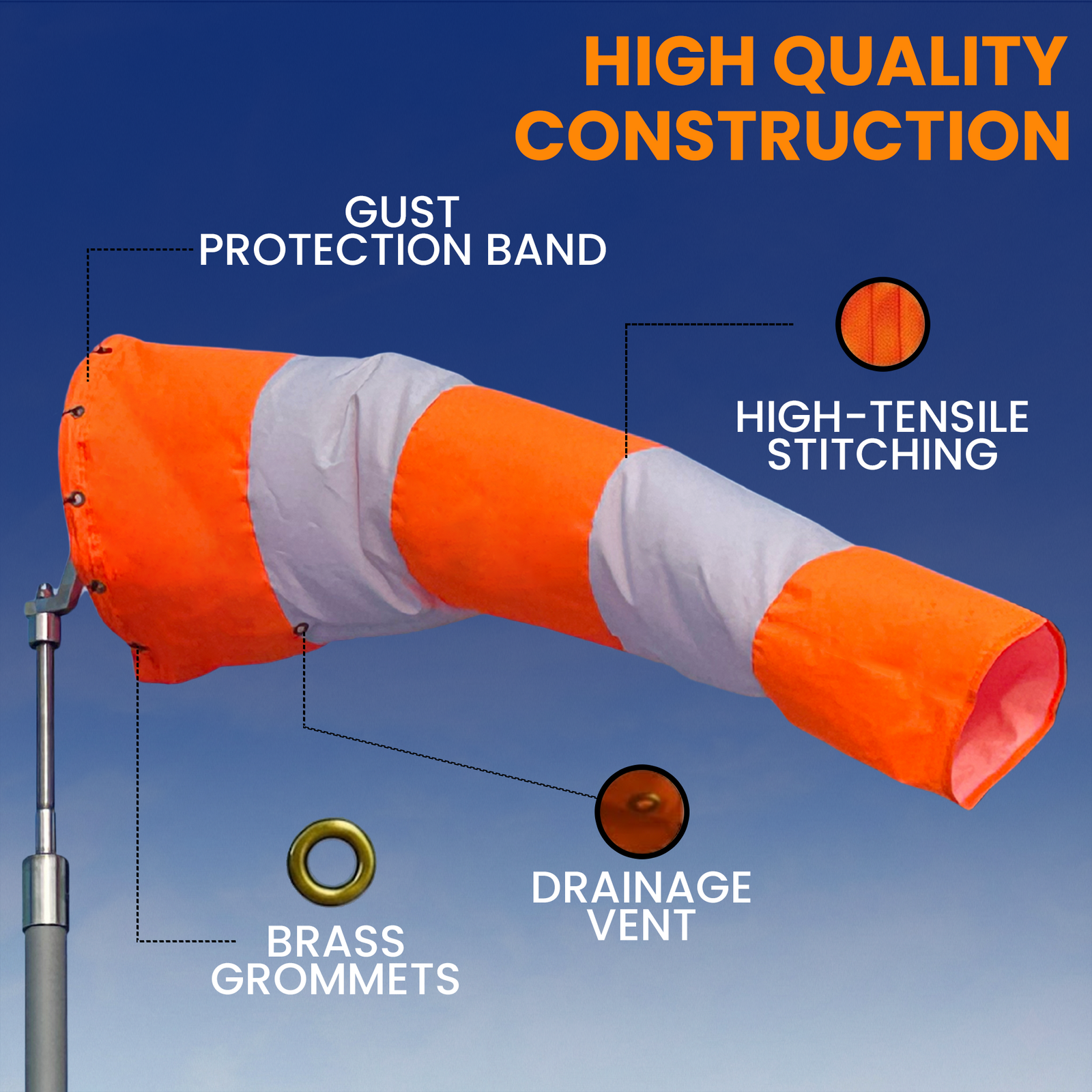 Heavy duty airport windsocks for aviation, heli ports, oilfield and industrial use. 
