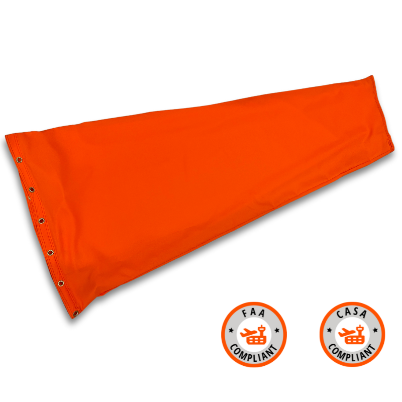 Airport orange windsocks- FAA, CASA, CAA compliant. Heavy duty for aviation, airport and airstrip use. Waterproof and UV fade resistant. Sewn with 4 lines of stitching and heavy duty grommets 