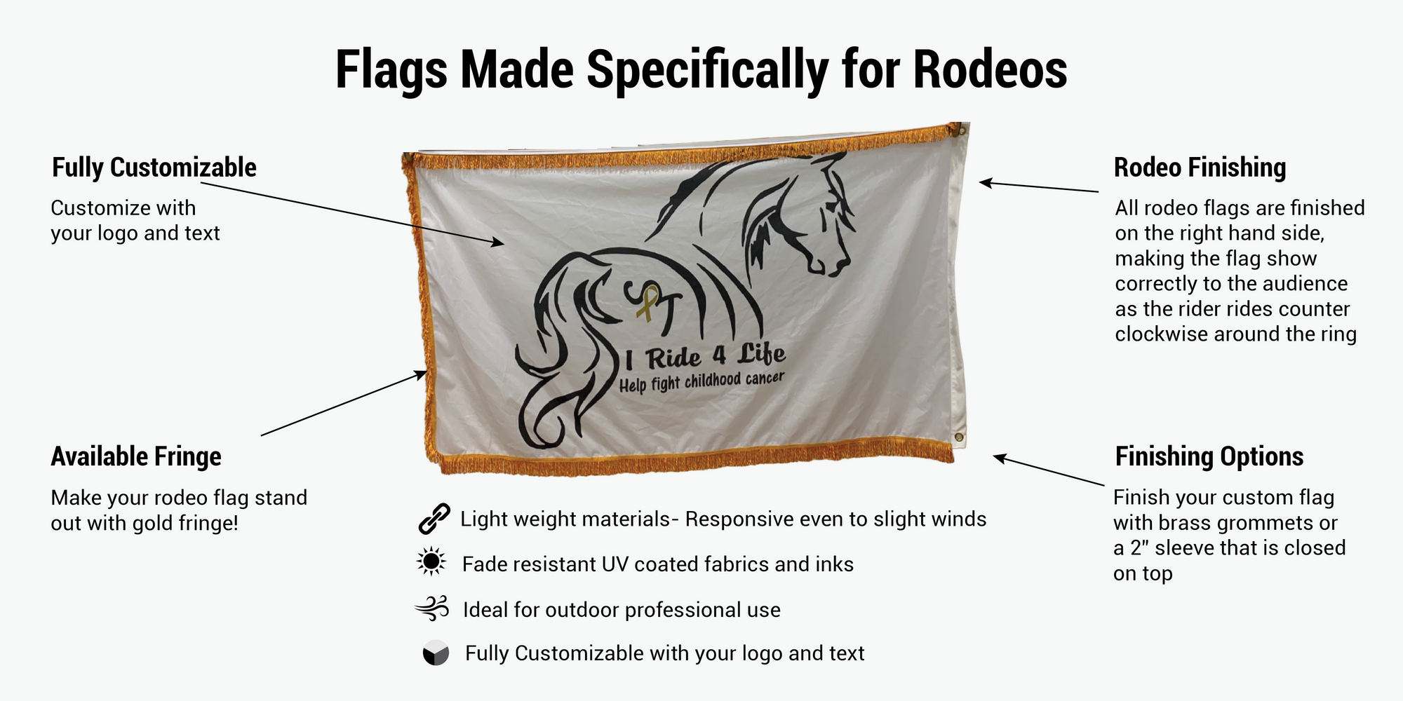 Custom Printed double sided rodeo flag with gold fringe. great for rodeo sponsor flags and can be custom printed