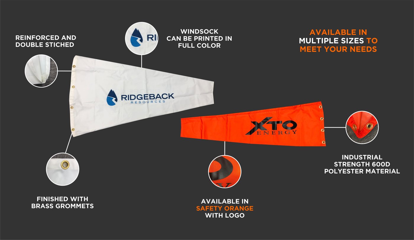 Custom Printed Windsock features and details, grommets, double stitching and reinforcements, full color printing, sizing, waterproof, UV Resistant