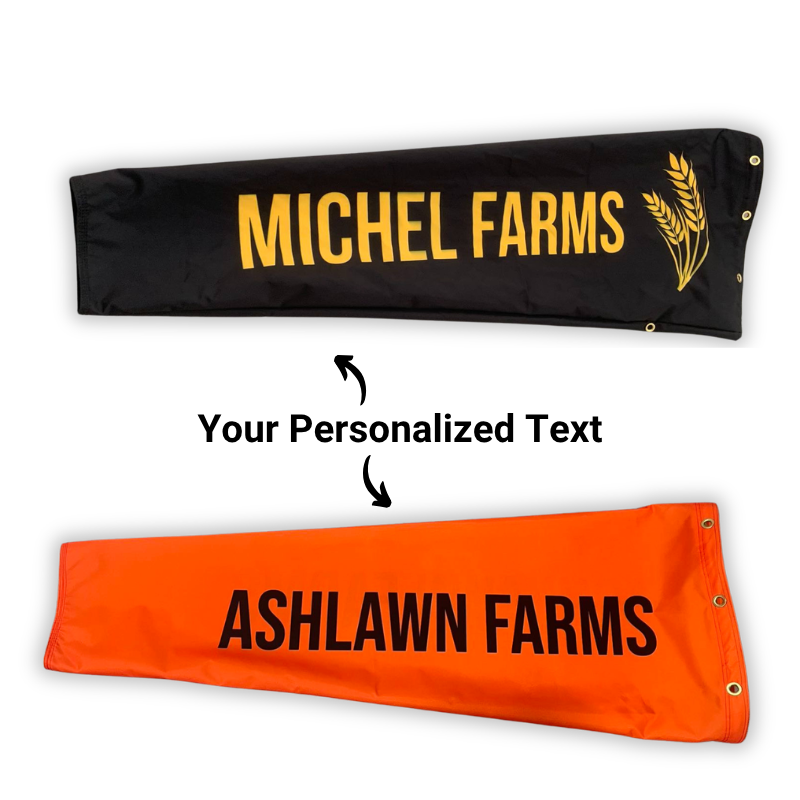 personalized agricultural windsocks for farms, ranches, acreages and more. High strength windsocks for seeding and crop spraying and other agricultural applications like pesticide and herbicide application 