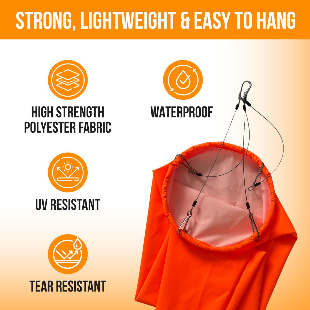 Hanging windsock heavy duty infographic featuring stainless steel hardware and hi-vis high strength  waterproof fabric