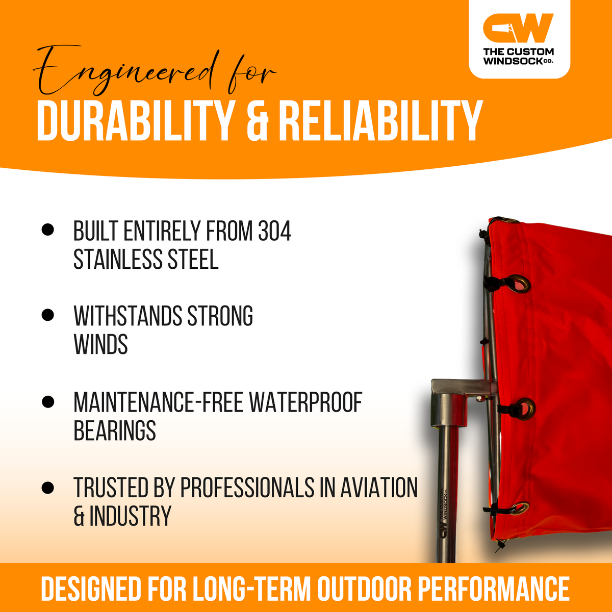 stainless steel windsock from for aviation and industrial use. heavy duty dual ball bearing windsock frame with 3/4 NPT threading 