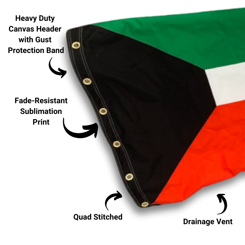Kuwait windsock flag infographic highlighting features and description of the heavy duty material