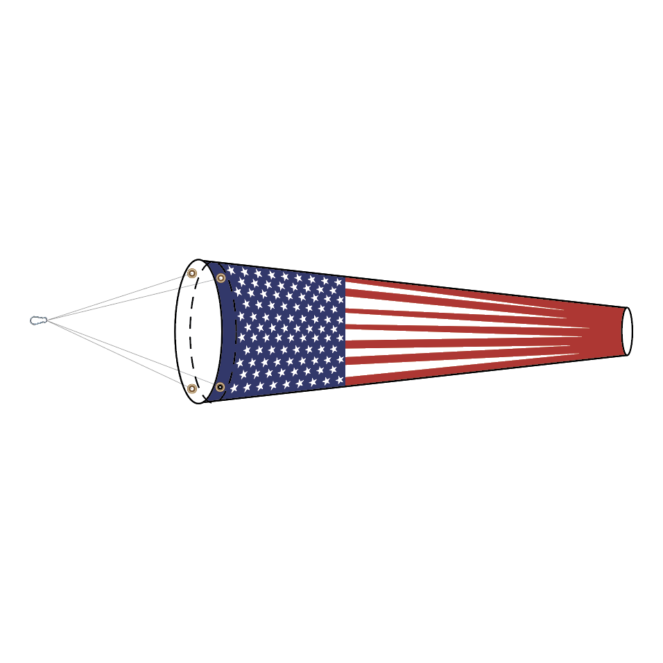 Printed American flag design windsock. Lightweight and perfect for homes, acreages, lakes and docks