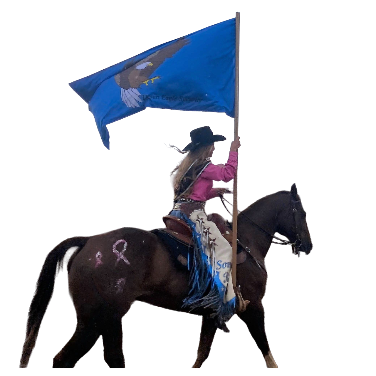 custom printed double sided rodeo flag carried by rider around rodeo ring