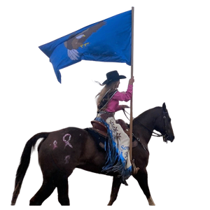 custom printed double sided rodeo flag carried by rider around rodeo ring