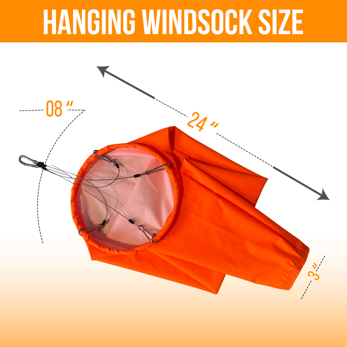 8"x24" hi-vis orange hanging windsock with SS bridle harness  for industrial use