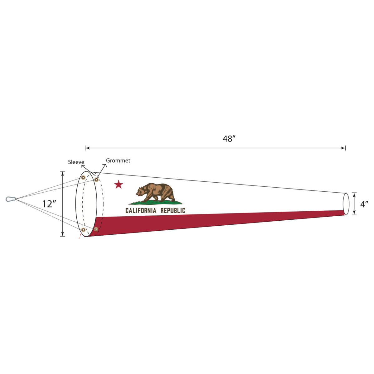 California windsock- Lightweight polyester with plastic ring and heavy duty rope and clips