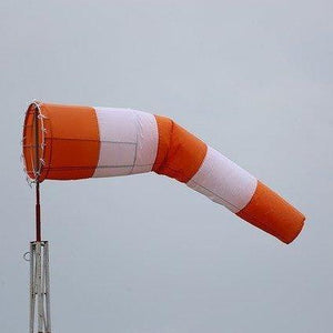 orange and white windsock, variegated windsock. airport windsock, aerosock, airstrip sock, helipad sock, avaition windsock
